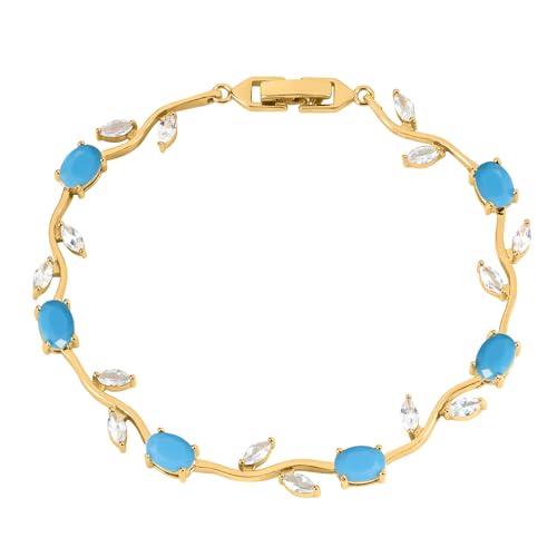 Tulip Flower Bracelet for Women 14K Gold Plated Stainless Steel with Colorful Cubic Zircon Dainty Cute Pink Rose Floral Jewelry Gift for Her Crystal Flower Leaf Bracelets -7.5inch/190mm - color: Blue Turquoise Gold