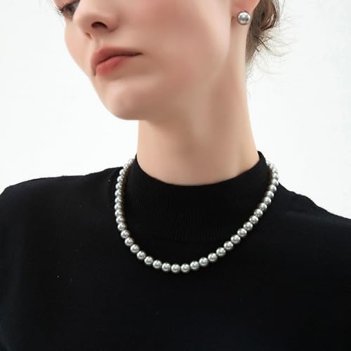 Zeffy Pearl Necklace 4MM/6MM/8MM Dainty Round Imitation Pearl Choker Necklace Wedding Pearl Necklace Delicate Jewelry for Women Simple Bridesmaid Jewelry Gifts - style: 8mm Grey Pearl Necklace(14"+2")