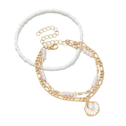 Shell Ankle Bracelet Set for Women,Boho Adjustable Beads Anklet Pack Natural White Shells Stack Stretch Seashell Pearl Starfish Bracelet Set Hawaiian Beach Vacation Foot Jewelry - style: G-Pearl Shell