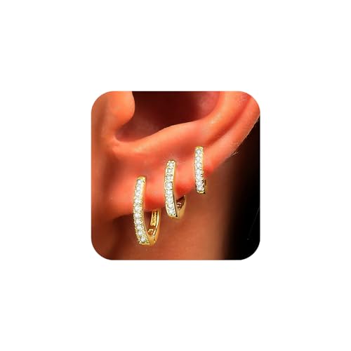 ORANGELOVE 3 Pairs 14K Gold Plated Huggie Hoop Earrings Set for Women or Men Lightweight Hypoallergenic Small Hoop Earring Pack Multiple Piercing Stacks Cartilage Piercing Jewelry - style: Clear CZ-Gold-8/10/12mm