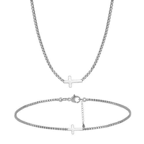 Gold Jewelry Set for Women，Cross Necklace Bracelet for Women, Dainty Gold Choker Necklace Box Link Bracelet Wedding Jewelry for Bride Accessories - color: Silver