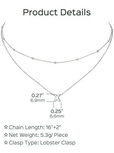 ChicSilver Layered Initial Necklace for Women, 925 Sterling Silver Personalized Letter A-Z Pendant Necklaces, Hypoallergenic Silver Choker with Adjustable 16" Rolo Chain, Dainty Birthday jewelry - style: X