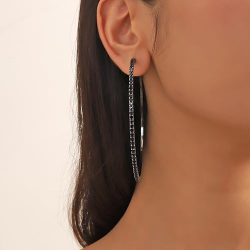 80mm Rhinestone Hoop Earrings for Women Sparkly Earrings Cubic Zirconia Circle Earring Exaggerated Prom Earring Large Rhinestones Round Hoop Earrings Silver Prom Jewelry for Party Wedding Birthday - color: Black