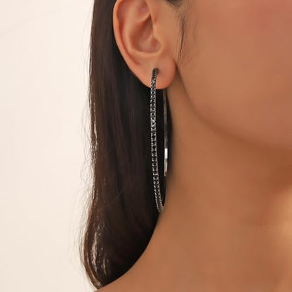 80mm Rhinestone Hoop Earrings for Women Sparkly Earrings Cubic Zirconia Circle Earring Exaggerated Prom Earring Large Rhinestones Round Hoop Earrings Silver Prom Jewelry for Party Wedding Birthday - color: Black