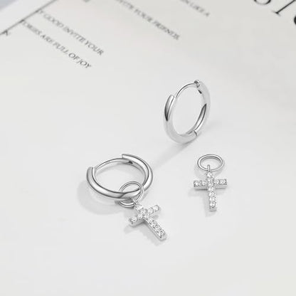 DAILY VIBES Cute Butterfly Star Cross Heart CZ Dangle Earrings for Women | 925 Sterling Silver Post, 14K Gold or Silver Plated, Mini Cubic Zirconia Dainty Drop, Cartilage Small Huggie Hoop Earrings - color: Silver Cross CZ