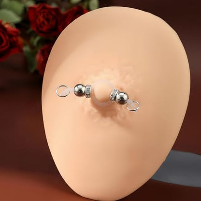 2 Pairs Non-Piercing Nipple Jewelry – Adjustable Silicone Rings with Silver & Gold Beads – Fake Nipple Piercing Look, Pain-Free Faux Nipple Rings for Unisex Adult Body Jewelry - color: Silver & Gold