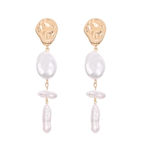 Statement Pearl Dangle Earrings,Gold and Large Pearl,Luxury Chandelier Organic Style Earrings - color: G gold and white
