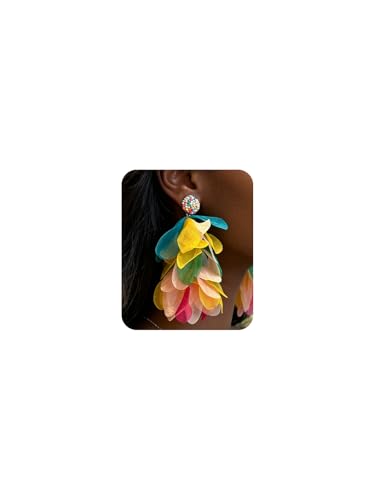 Bohemian Flower Drop Dangle Earrings Vintage Handmade Chiffon Floral Long Tassel Earrings Exaggerated Big Flower Stud Earrings Wedding Bridal Party Ear Jewelry for Women - color: Big Colorful