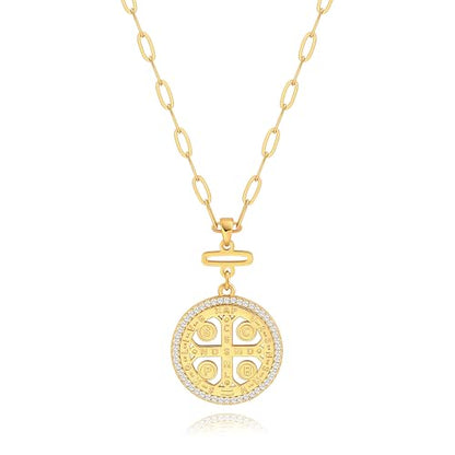 SOFYBJA Saint Benedict Necklace Drop 18K Gold Toggle Medallion Coin Cross Pendant Necklaces Religious Jewelry Catholic Gift for Women - color: Gold Zirconia Saint Benedict Necklace