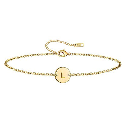 Ovian Initial Charm Bracelet for Women 18K Gold Plated stainless steel Coin Disc Engraved Letter Bracelet Personalized Monogram Name Bracelet - color: L1