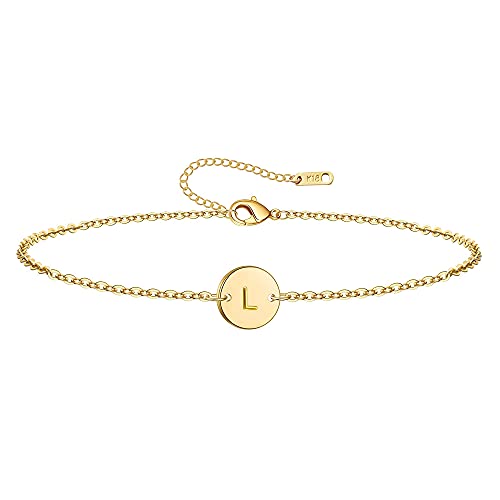 Ovian Initial Charm Bracelet for Women 18K Gold Plated stainless steel Coin Disc Engraved Letter Bracelet Personalized Monogram Name Bracelet - color: L1