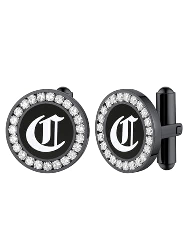 FindChic Stainless Steel Round Cufflinks with Custom Text/Picture/Monogram Letters 18K Gold Plated/Black Color for Men Groom Suits Shirts, with Gift Box - style: 03. CZ custom letters (black)