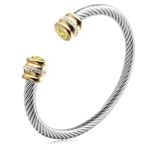 Birthstone Cable Cuff Bracelet for Women - Adjustable Open Cuff, Two-Tone Gold & Silver Twisted Bangle, Classic Stackable Jewelry Gift - color: Citrine