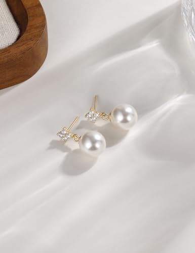 Mameloly Pearl Drop Earrings 925 Sterling Silver CZ 10MM Simulated Pearl Earrings for Women Dangle Trendy Jewelry for Women Hypoallergenic - color: Gold CZ