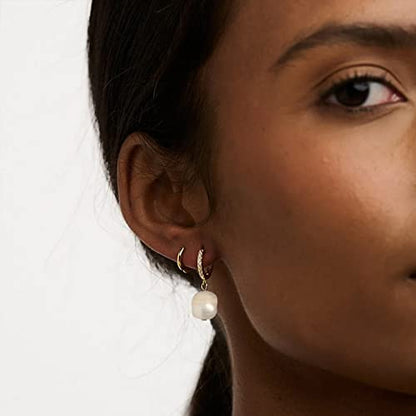 CERSLIMO Pearl Drop Earrings for Women | S925 Sterling Silver Post Simulated Shell Pearl Hoop Dangle Earrings, Hypoallergenic Cubic Zirconia Huggies Earrings Bridesmaid Jewelry - style: 03 Gold-Baroque