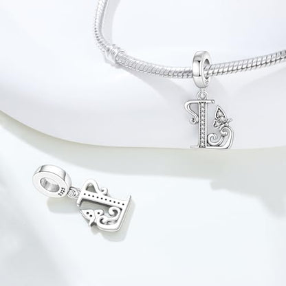 2 Pack 925 Sterling Silver Butterfly Letter Charms for Bracelets and Necklace Alphabet Initial Dangle Pendants Round Spacer Beads Pave Cubic Zirconia Jewelry Gift for Women - color: L Set