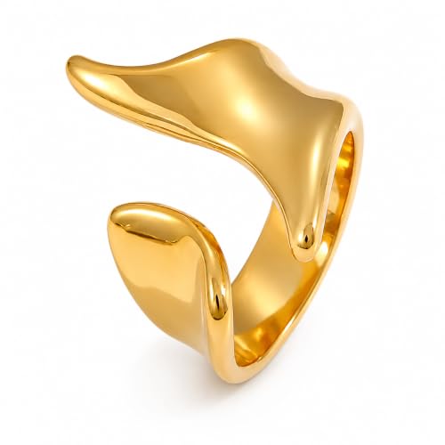 Gold Stainless Steel Open Ring, Sculptural Wave Statement Ring, Wide Polished Band Jewelry for Women Daily Party Outfits