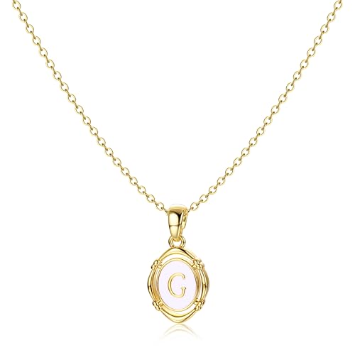 14K Gold Plated Initial Necklaces for Women, Letter Charm Pendant Necklace | Dainty Oval White Enamel Personalized Name Necklace, Trendy Jewelry with 16 inches Chain and 2 inches Extender - color: G