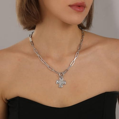 Bheop Chunky Cross Necklace for Women, 14K Gold Silver Statement Necklace | Sturdy Paperclip Chain, Hammered Pendant, Vintage Charm, Trendy Costume Jewelry, Faith Christian Religious Gift, Non Tarnish - style: SL-Toggle Necklace（1 inch Pendant）