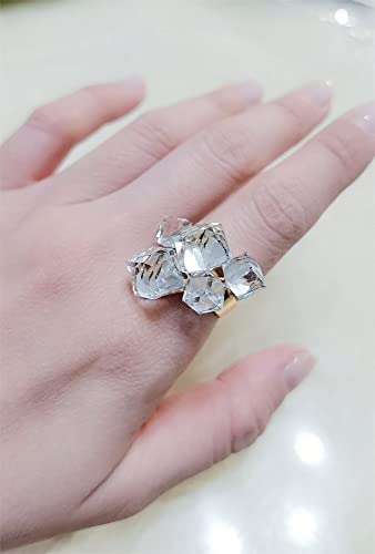 Hebelee Boho Square Crystal Statement Ring for Women Adjustable | Gold-Toned Expandable Promise Engagement Geometric Rings Comfort Fit Elegant Art Deco Christmas Cocktail Y2K Jewelry - color: White