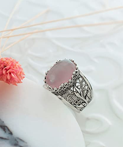 Filigranist 925 Sterling Silver Filigree Art Lace Embroidery Tulip Detailed Gemstone Women Cocktail Ring, Luxurious Gift Boxed - color: Rose Quartz
