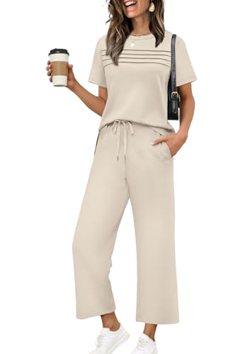 WIHOLL Two Piece Sets for Women Summer Spring Travel Vacation Outfits Short Sleeve Lounge Sets Side Slit Wide Leg Pants S-3XL - color: Beige, size: Large