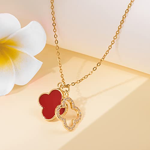 Clover Necklace For Women 18k Gold Plated Silver Lucky Four Leaf Clover Pendent Necklaces Trendy Dainty Jewelry Gifts for Women - color: Gold-Red