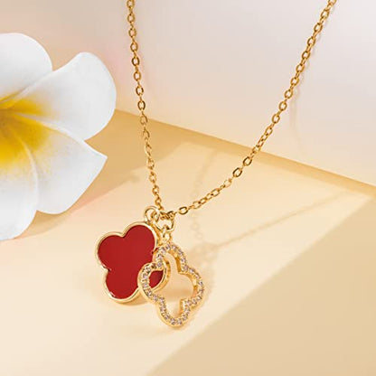 Clover Necklace For Women 18k Gold Plated Silver Lucky Four Leaf Clover Pendent Necklaces Trendy Dainty Jewelry Gifts for Women - color: Gold-Red
