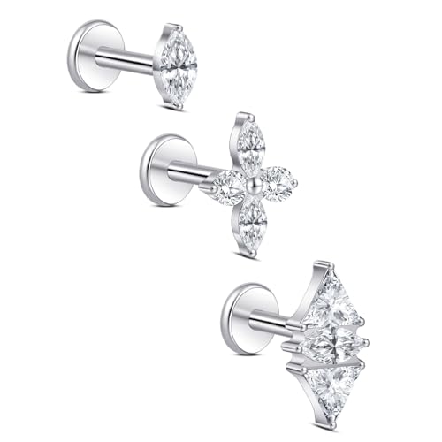 limerencia Titanium Internally Threaded Flat Back Earrings, 3 Pcs Implant Grade Hypoallergenic Studs, 18G Tragus Helix Conch Cartilage Piercing Jewelry for Sensitive Ears Women Men, Gold/Silver - color: Silver-Vibe A