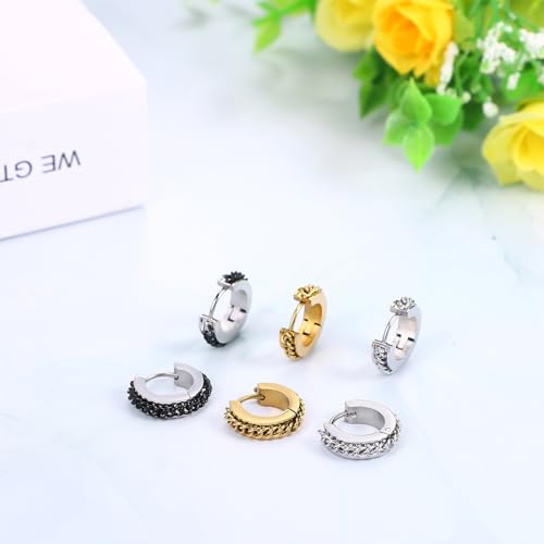 Aroncent Stainless Steel Hoop Earrings: 3-8 Pairs Men Small Hoop Huggie Hinged Earrings Set for Men Women 4mm Valentine Day Gifts - color: C-3PCS-Sliver+Black+Gold