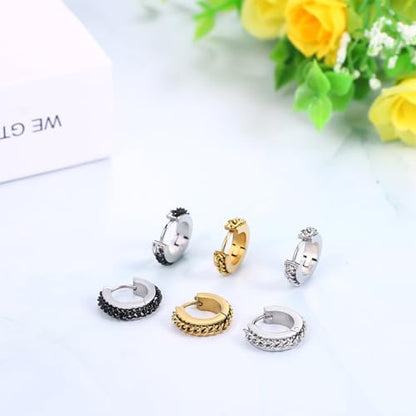 Aroncent Stainless Steel Hoop Earrings: 3-8 Pairs Men Small Hoop Huggie Hinged Earrings Set for Men Women 4mm Valentine Day Gifts - color: C-3PCS-Sliver+Black+Gold
