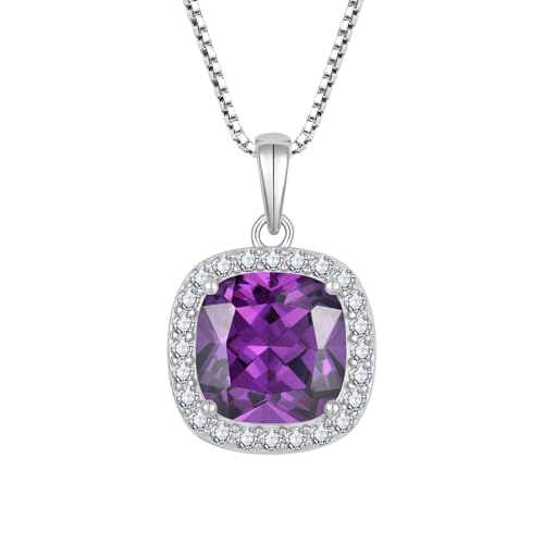 Birthstone Necklace for Women 925 Sterling Silver Princess Cut Halo Necklace Pendant Jewelry for Mom Wife - color: Purple