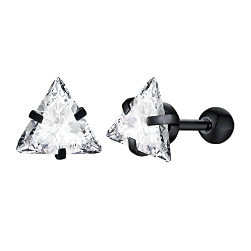 Unisex Geometric Triangle Stud Earrings, Stainless Steel Minimalist Cubic Zirconia Pierced Post Earrings for Men Women - style: Single Zircon-Black