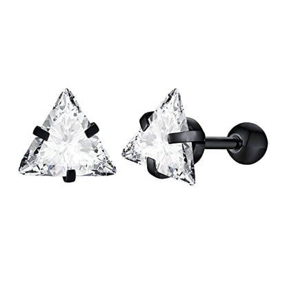 Unisex Geometric Triangle Stud Earrings, Stainless Steel Minimalist Cubic Zirconia Pierced Post Earrings for Men Women - style: Single Zircon-Black