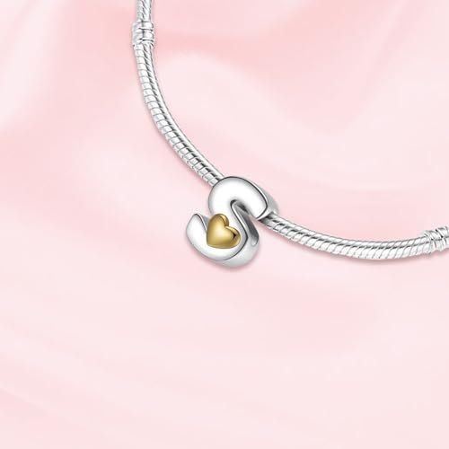 A~Z Alphabet Charm Letter Beads 925 Sterling Silver with Heart-shaped 5A Cubic Zircon Stones fits Pandora European Bracelets Necklace Jewelry Gift for Women - style: S Letter Charms