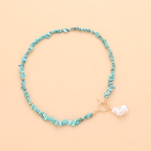 Bohemian Stone Pearl Choker Necklace for Women Dainty Natural Irregular Stone Choker Turquoise Beaded Lariat Necklace Simple Fashion OT Toggle Spiritual Handmade Jewelry - color: Turquoise