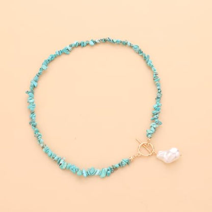 Bohemian Stone Pearl Choker Necklace for Women Dainty Natural Irregular Stone Choker Turquoise Beaded Lariat Necklace Simple Fashion OT Toggle Spiritual Handmade Jewelry - color: Turquoise