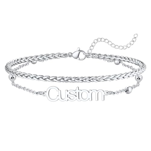 U7 Custom Layered Ankle Bracelets for Women Stainless Steel Bead/Cuban/Figaro/Rope/Wheat Chain Anklet Waterproof Anklet Jewelry for Beach Vacation - color: b-Silver-Wheat Chain