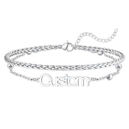 U7 Custom Layered Ankle Bracelets for Women Stainless Steel Bead/Cuban/Figaro/Rope/Wheat Chain Anklet Waterproof Anklet Jewelry for Beach Vacation - color: b-Silver-Wheat Chain