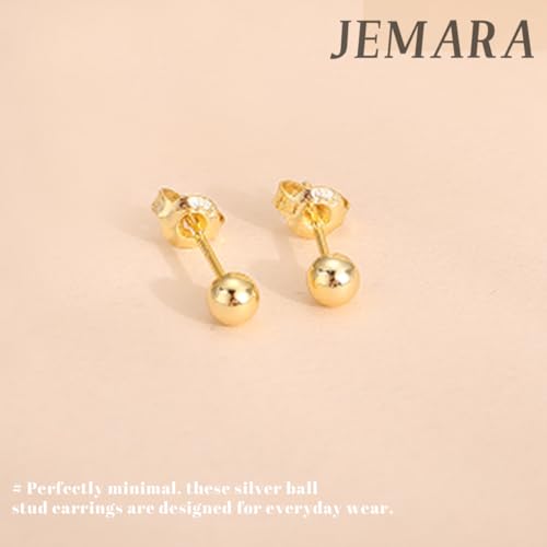 JEMARA Sterling Silver Stud Earrings for Women Pearl Earrings Non Tarnish | Hypoallergenic 925 Sterling Silver Pearl Cubic Zirconia Studs Set Trendy Earrings for Sensitive Ears 6 Pairs - color: 3Pairs 4mm Ball-Gold