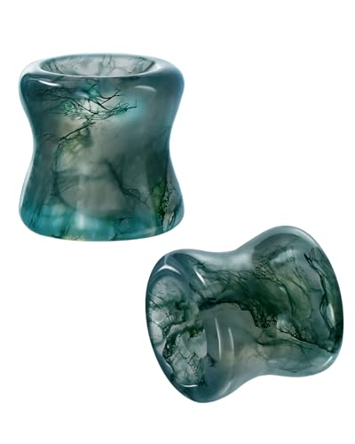 Jewseen 2g-5/8 Moss Agate Ear Gauges Plugs Real Natural Stone Double Flared Ear Tunnels Stretchers Gauges for Women Men Plugs Piercing Jewelry - size: 0g=8mm