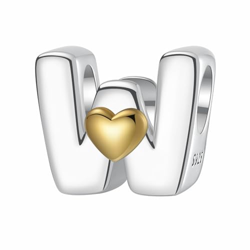 A~Z Alphabet Charm Letter Beads 925 Sterling Silver with Heart-shaped 5A Cubic Zircon Stones fits Pandora European Bracelets Necklace Jewelry Gift for Women - style: W Letter Charms