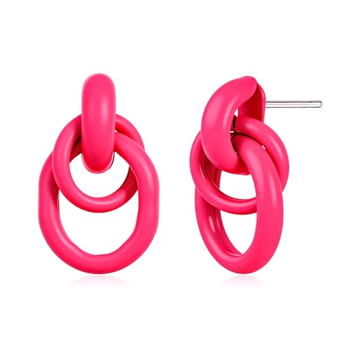 Gold Chunky Earrings for Women Geometric Knot Link Drop Dangle Earrings 14K Gold Plated Statement Earrings Trendy Gold Jewelry - color: Style 1-Pink