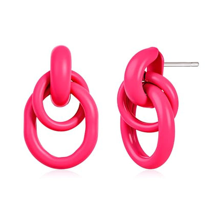 Gold Chunky Earrings for Women Geometric Knot Link Drop Dangle Earrings 14K Gold Plated Statement Earrings Trendy Gold Jewelry - color: Style 1-Pink