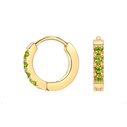 Birthstone Huggie Hoop Earrings for Women, Cubic Zirconia Small Hoops | 316L Surgical Steel, 18K Gold or Silver, 6-10mm, Hypoallergenic Waterproof, Cartilage Piercing, Birthday Gift - color: 08 AUG. Olive Green - Gold, size: 7mm