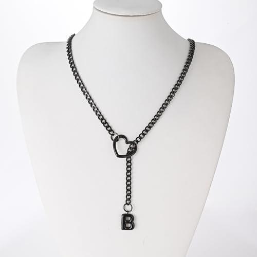 sroyte Black Heart Slip Chain Initial Necklaces for Women,Stainless Steel O-Ring Adjustable Lariat Heart Y-Necklace,Punk Gothic Cuban Collar Choker Necklace for women - color: Black B