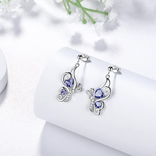 Butterfly Heart Necklace Birthstone Pendant Necklace Earrings Bracelet Women 925 Sterling Silver Animal Butterflies Birthstone Pendant Crystal Birthday Jewelry Wedding Gift - color: L.December-earrings