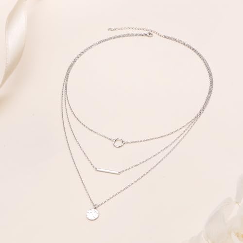925 Sterling Silver Multilayer Layered Triple Long Chain Necklace for Women - style: Multilayer Hammered