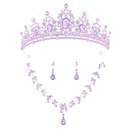 Crystal Crown and Tiara Jewelry Set for Women Bride with Necklace Earrings | Metal Rhinestone Royal Queen Princess Jewelry Set Wedding Quinceanera Pageant Prom Birthday Halloween Party Costume Gift - color: Purple