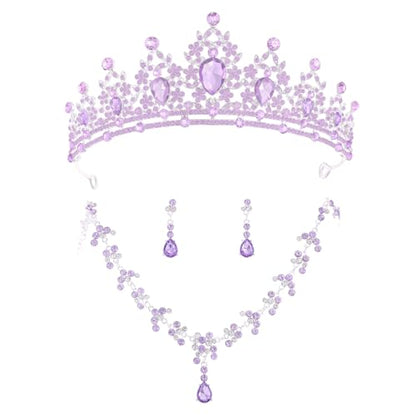 Crystal Crown and Tiara Jewelry Set for Women Bride with Necklace Earrings | Metal Rhinestone Royal Queen Princess Jewelry Set Wedding Quinceanera Pageant Prom Birthday Halloween Party Costume Gift - color: Purple